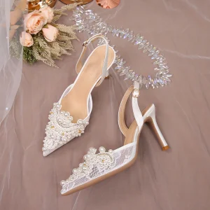 Women's Sexy Pearl Wedding Shoes French Romantic Mesh Design High Heel Outdoor Outings Lace-Up Heel Sandal Shoes