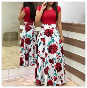 Floral Print Maxi Dress Women Short Sleeve O-Neck Chiffon Patchwork Long Gown Plus Size Bohemian Beach Party Summer Sundress
