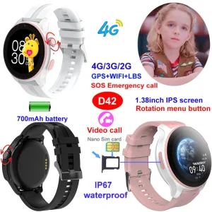 Top selling China manufacture 4G IP67 waterproof boy girl kids safety smart GPS tracker watch with rotation menu button live map monitoring two way voice D42