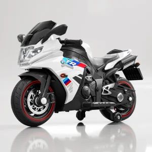 12V Kids Electric Racing Bike, White Ride on Motorcycle with Training Wheels for 3-8 Years