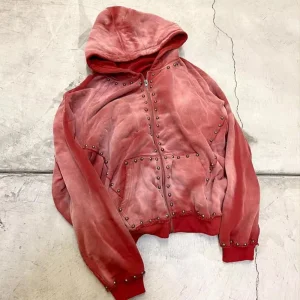 New Fashion Custom Manufacturer French Terry 100% Cotton Streetwear Acid Washed Vintage Sun Faded Sweatshirt Jacket Zipper Rhinestone Hoodies Men
