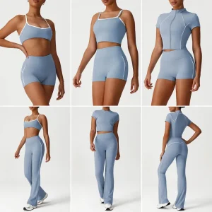 Wholesale 6PCS New Color-Block Athletic Clothes Set for Woman, Fashionable Fitness Top + High Waisted Gym Shorts + Hip Lifting Flare Yoga Pants Sportswear