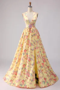 Cicinia Yellow Prom Dresses Long Printed Fabric A-Line Deep V-Neck Halter Backless Evening Dress Prom Dress Sexy Dress Vestido De Noche Girl Dress
