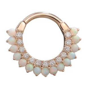 14K Solid Gold Hinged Ring with Opal Beads &amp; Clear CZ Paved Septum Piercing Jewelry