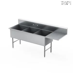 18Ga 304 Stainless Steel Floor-Mounted Three Compartment Sink Polished Finish Durable Corrosion Resistant Commercial Kitchen