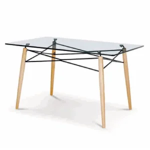 Chinese Modern Restaurant/Home/Office Furniture Tempered Glass Rectangle Dining Table with Solid Wood Legs