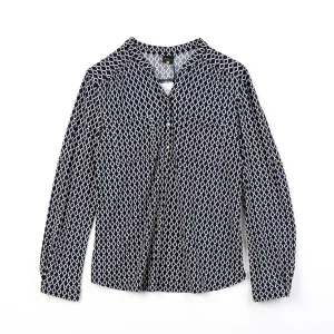 China Women's round neck half placket long sleeve full print blouse