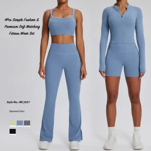 New Design 4 Piece Exercise Running Clothing Fashion Activewear Set for Women, Sports Bra + T-Shirt Top + Workout Shorts + Flared Yoga Pants Fitness Outfits