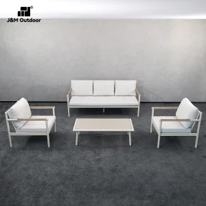 J&amp;M Outdoor Modern Minimalist 5-Piece Aluminum Wood-Look Seating Furniture Set with Table for Bedroom Park Backyard Poolside Use