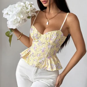 Butter Yellow Floral Print Sleeveless Embroidery Peplum Corset Cami Top Romantic Cottagecore Waist Trainer Bustier for Women