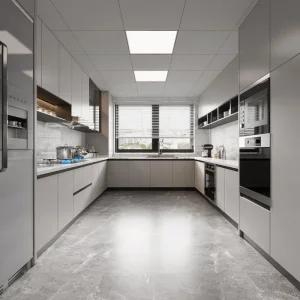 Armário de despensa cinza OSB moderno, armários de cozinha, design personalizado em forma de U