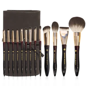 2025 Hot Selling Deep Burgundy Private Label Wooden Vegan Travel Luxury High Quality Custom Professional 12Pcs Makeup Brush Set