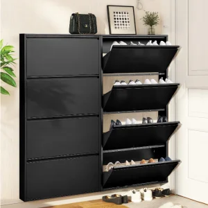 Metal Shoes Cabinet with 4 Flip Drawers, Wall Mount Shoe Organizer for Entryway, 4 Layers Steel Shoe Rack Hidden Shoe Organizer