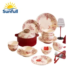 Wedding Ceramic Plate Set in Red, Including 10-Inch Flat Soup Bowl and Casserole Dish, with Soup Spoon - Complete Red Ceramic Set