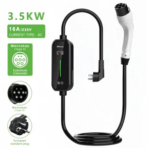 New 3.5KW 16A Type 2 IP66 Waterproof Portable EV Charger with 5m Cable Streamer Light &amp; Smart App Control for Electric Cars