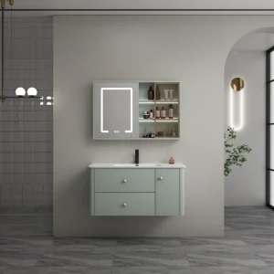 Armário de Banheiro Elegante em PVC Montado na Parede com Espelho LED e Armazenamento