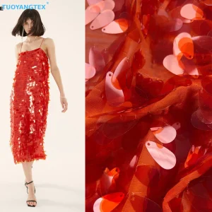 Red Chiffon Sequin Embroidery Fabric for Evening Dress, Party Wear and Fashion Garments