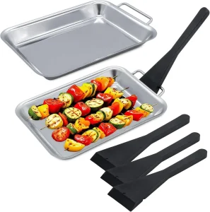 Food-Safe Grillware Stainless Steel Serving Grill Pan Barbecue Toppers with Spatula Handle for Cheese Vegetables Fish