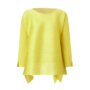 Famous Women’s Pleated Long Sleeve Top – Asymmetrical Hem Blouse in Lemon Yellow Exporters, Service