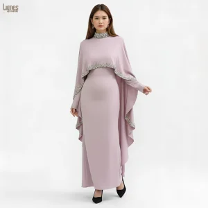 New Design Hand-Sewn Rhinestone Abaya Kaftan Light Pink Elegant Muslim Long Dress for Formal Occasions