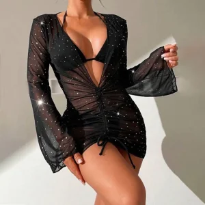Womens 3 Piece Hot Bikini Swimwear Bikini Set Swimsuit With Cover Ups and Beachwear Dress Bathing Suit Cover Ups for Woman Sexy