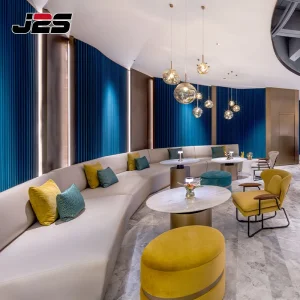 Bespoke Commercial Restaurant Furniture VIP Lounge Setup Curved Leather Booth Seating Round Marble Tables Accent Chairs
