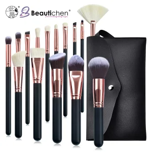 Conjunto de Pincéis de Maquiagem Profissional Beautichen 15PCS com Cabos Pretos e Ferrules Dourado Rosa – Pincéis Cosméticos para o Rosto e Olhos com Estojo de Viagem
