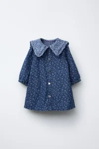 Denim Baby Dress Peter Pan Collar Long-Sleeves Elasticated Cuffs Snap-Button Fastening Floral