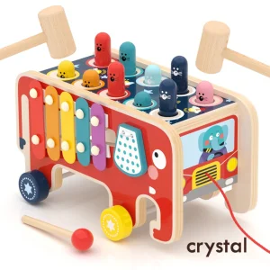 Crystal Wooden Educational Toys for Early Childhood-Elephants Drag Beat Gophers Knocking Matching Game Ages 3+ Unisex
