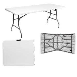 FH180 6ft Portable Patio Outdoor Table 6ft Fold-In-Half Furniture Regular Size Foldable Outdoor Dining/Kitchen Table Outdoor