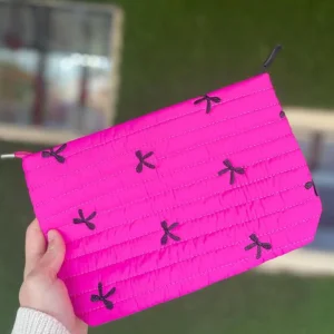 INS Popular Embroidery Bows Puffer Quilted Makeup Bags Ladies Cute Beauty Skincare Handbags Accessories