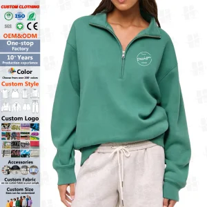 Custom Embroidery Logo Casual Oversized Quarter Zip Up Stand-neck Fleece Terry Cotton Hoodies Sweatshirt Pullover For Women