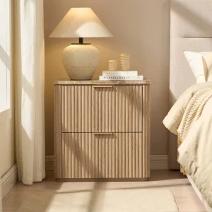 Premium Fluted Oak Nightstand 2 Drawer Bedside Table