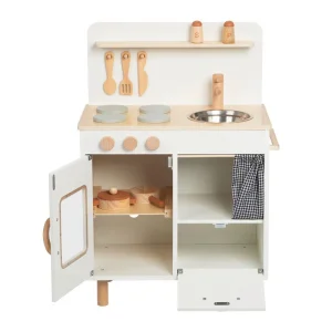 Cream-Colored Rattan Wooden Play Kitchen Pretend Toy for Kids, with Realistic Features