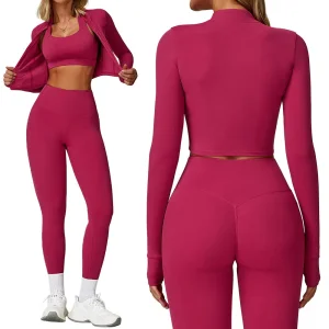 Women's Gym Fitness Activewear Solid Pattern Long Sleeve Yoga Top High-Waist Leggings Workout Clothing with Sports Bra