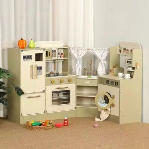 Kid Kitchen Toddler Wooden MDF Pretend Cooking Set with Microwave Role Playing Educational Toy for Child Boy Girl