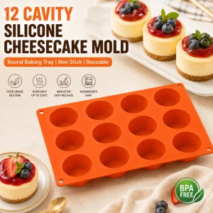12 Cavity Silicone Cheesecake Mold Round Baking Tray Non Stick Reusable Bakeware for Dessert Bakery Kitchen Use