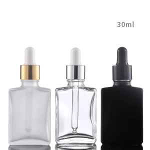 Stock 15ml 30ml 50ml 100ml Matte Black Flat Square Bottle Frosted Black Flat Square Essential Oil Bottle Transparent Frosted Dropper Glass Bottle