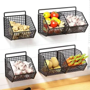 Wall-Mounted Metal Kitchen Storage Rack with Hanging Basket for Spices