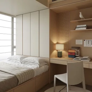 Small Bedroom Storage with Desk, Log Simple Style, Wooden Frame, Natural Material, Comfortable Custom-Designed Wooden Tatami Bed