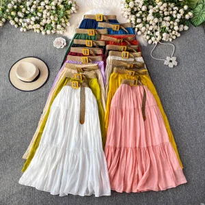 Women's Flowy Flared Ruffle Long Skirt Summer Maxi Skirt Going Out Outfits Midi Length Elastic High Waist Beach Skirt Dress