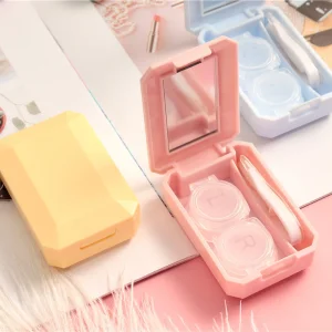 Eyeshare Simple Rectangle Shape Candy Colored Mirror Tweezers Suction Stick Set Plastic Contact Lenses Case