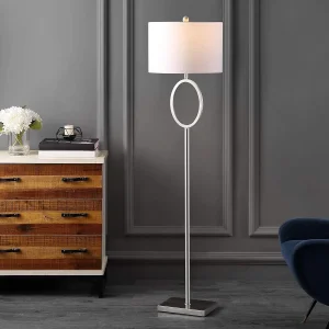 Modern Silver Nickel Tall Standing MID Century White Linen Drum Shade LED Office Floor Lamp