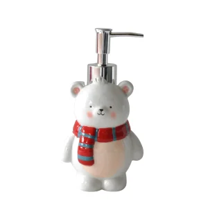 Cheap Cute Bear Ceramic Lotion Dispenser with Red Gray Striped Scarf Suppliers, Company