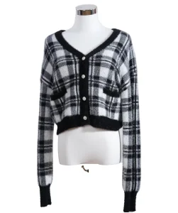 Cardigã de Malha Fuzzy de Nylon Xadrez Feminino