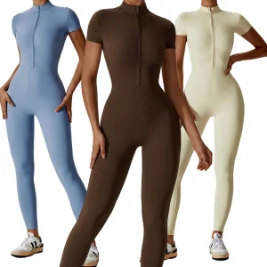Wholesale Factory Summer Women's One Piece Short Sleeves Leggings Zipper Front Tummy Control Dry Fit Gym Sports Wear Set Sports Romper Jumpsuit