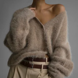 2026 New Arrival Autumn Women V Neck Button Fuzzy Knitted Cardigan Long Sleeve Loose Casual Soft Sweater Outerwear