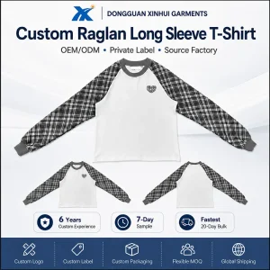 High-Quality XH-Fashion Custom Heart Embroidery Plaid Raglan Long Sleeve Tee