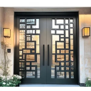 XIYATECH Modern Double Wrought Iron Anti-Theft Security Front Door With Tempered Glass