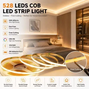 Fita de LED COB Cortável em Qualquer Lugar 528 LEDs de Alta Densidade